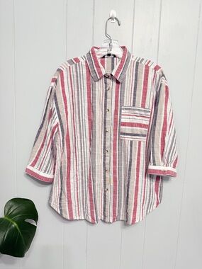 #1)  Unique Spectrum Cotton Red and Gray Striped Casual Button-Down Shirt